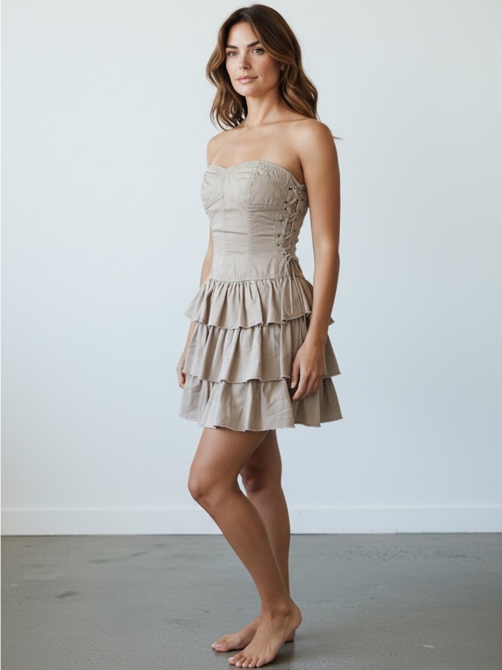 Strapless Tiered Ruffle Mini Dress in Taupe